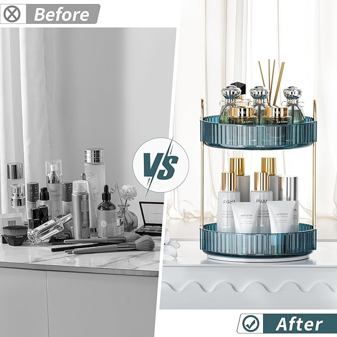 360° Rotating Makeup Organizer, Bathroom Organizers and Storage Holder Rack, Large Capacity Vanity Shelf Countertop, Fits Cosmetics, Perfume, Skin Care(Blue, 2 Tiers)