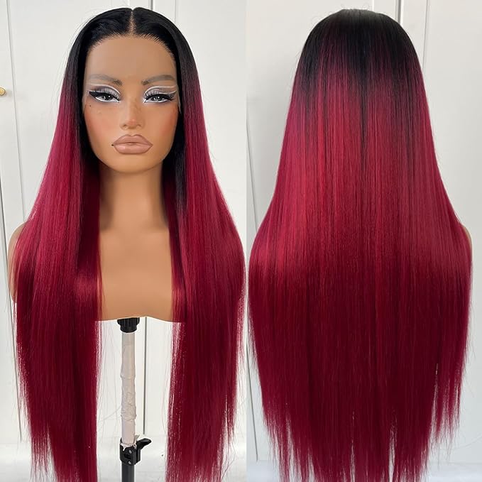 1b/99j Burgundy Ombre Lace Front Wig Pre-plucked Red Glueless Synthetic HD Cosplay Wig Wear And Go Long Straight Lace Front Wigs for Black White Women