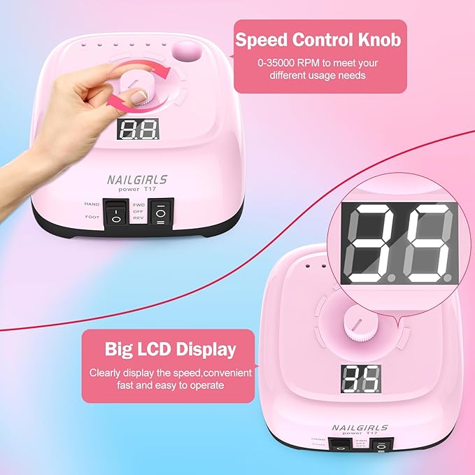 Nail Drill Machine，Professional Electric Nail File Set 35000RPM Nail File Drill Acrylic Nails Kit for Manicure Gel Nail Polish Remover (Pink)