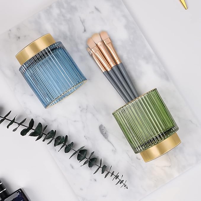 CANITORON Makeup Brush Holder,2 Pack Glass Makeup Brush Holder Organizer Store Cosmetic Tools,Eyeliner,Storage Organizer for Vanity,Bathroom and Bedroom Countertop Storage.(Blue S+L)