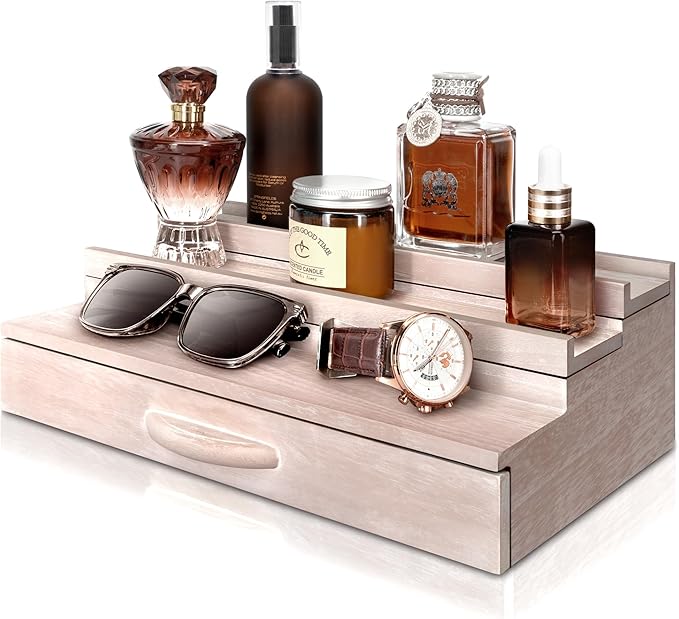 EOSAHR Decorative Cologne Organizer with Storage Drawer - 3 Tier Cologne Holder with Hidden Compartment - Perfume Stand Organizer for Dresser and Room Decor (Natural)