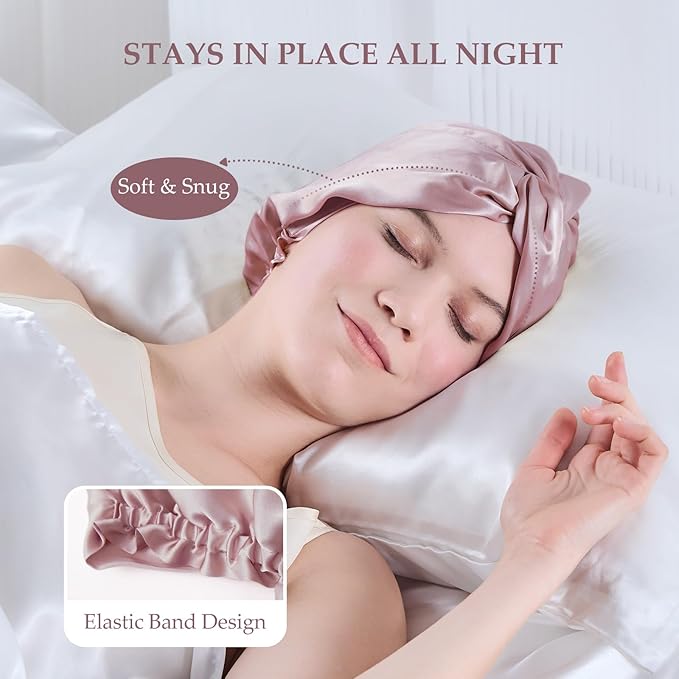 Silk Bonnet for Sleeping Women, 100% Mulberry Silk Sleep Cap with Elastic Band, Real Mulberry on Both Sides, ‌Fuchsia Pink