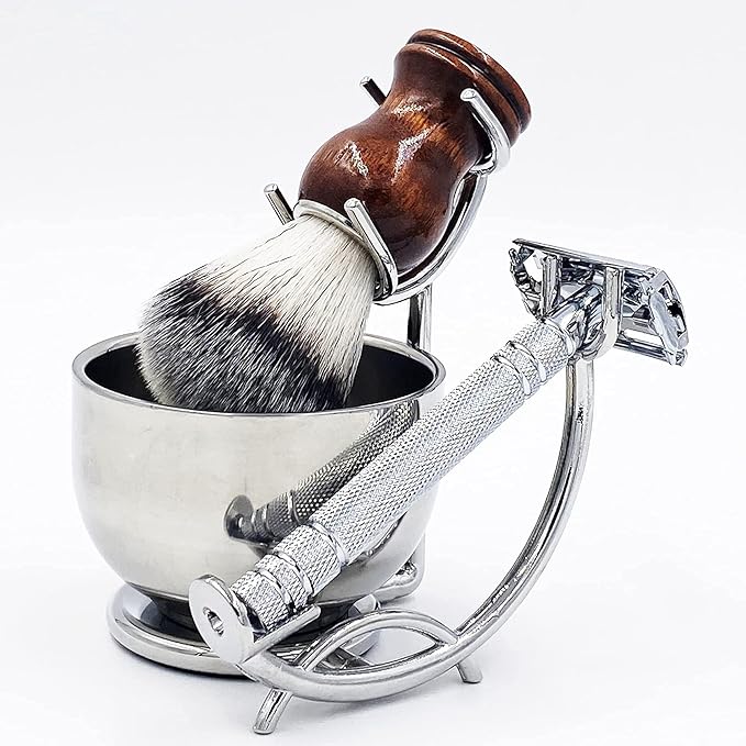 Straight Razor stand With Perfect double layer stainless steel Shaving Soap Bowl and Shaving Brush Natural Solid Wood Handle