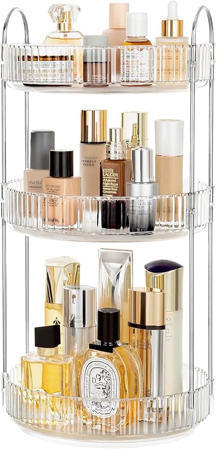 360 Rotating Makeup Organizer Clear 3 Tier Bathroom Organizer Spinning Perfume Organizers, Skincare Organizers Dresser Organizer Makeup Carousel with Silver Handle Cosmetic Brush Storage