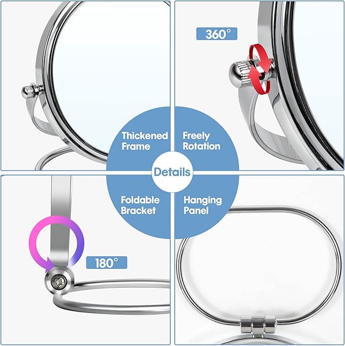 Portable Folding Travel Makeup Mirror,1X/10X Magnifying Vanity Mirror,6” Double-Sided 360° Swivel,Handheld & Wall Hanging Metal Mirror for Home and On-the-Go Use,Travel Storage Bag Included,No Light