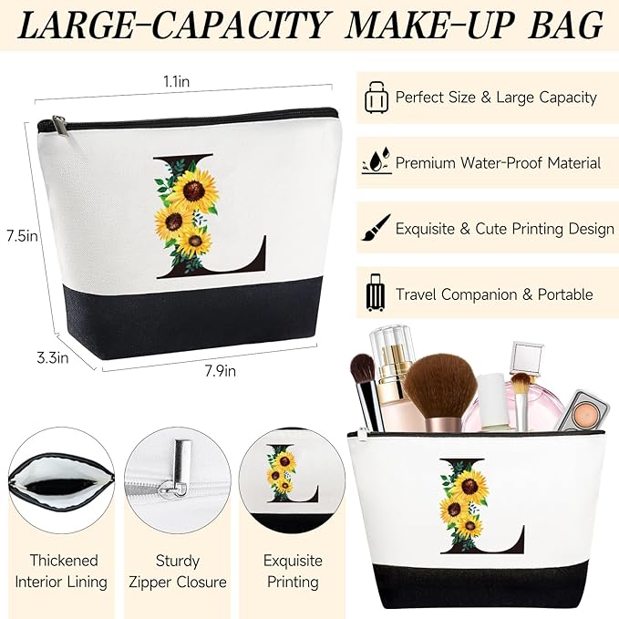 Monogrammed Sunflower Birthday Gifts - Personalized Canvas Tote & Makeup Bag & Glass Cup (Mom, Sister, Best Friends) L