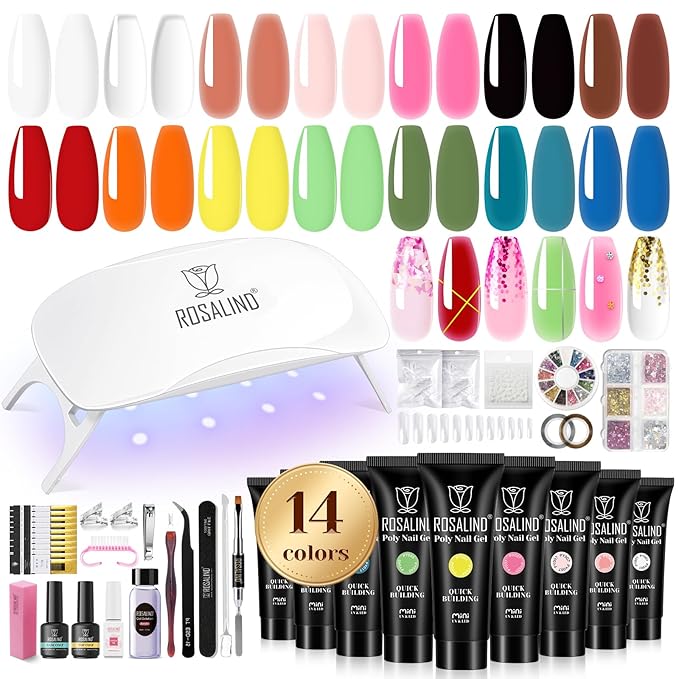 ROSALIND Poly Nail Gel Colors Kit -14 Colors +72 Nail Art Accessories kit Poly Nails Gel Kit Starter Kit with Mini UV Lamp Slip Solution Spring Poly Nail Art Tools for Beginners with Everything