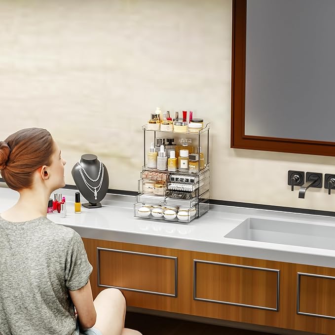 2 Tier 3-Drawer Bathroom Counter Storage Organizer - Stackable Design - 14.4" Tall Large Cosmetic Organizer Suitable as Makeup,Beauty,Face Product,Lotion,Skincare Organizer,Clear