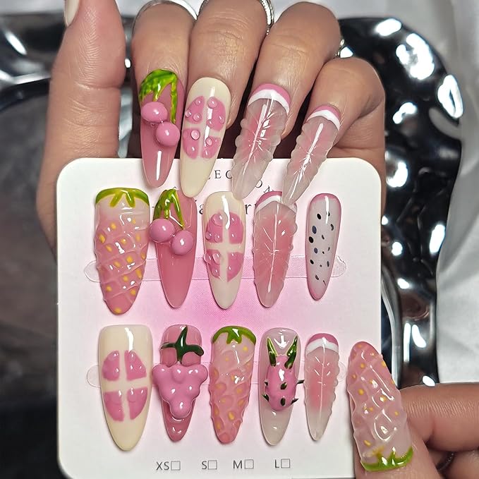 Handmade Acrylic Press On Nails Almond, Long Almond Press On Nails 3D Design, 3D Fruit Strawberry Nails For Women Gift, Reusable Stick On Fake Nails Kit With Nail Glue(Strawberry Fruit Feast-S)