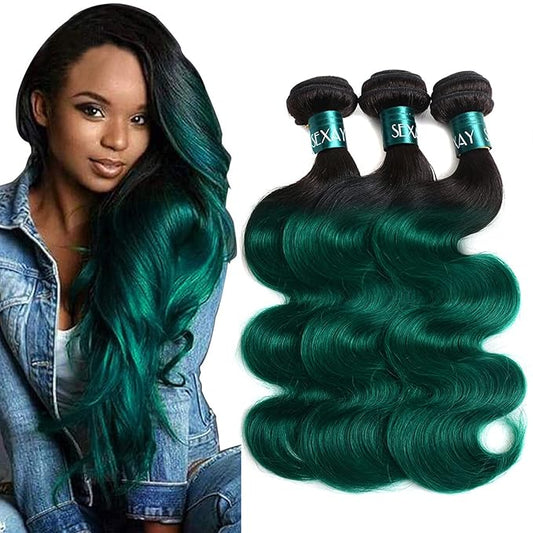 1B/Green 12A Brazilian Ombre Body Wave Weave Virgin Hair Green Remy 3 Bundles 100% Human Hair Bundles Extensions T1b/Green Color (18 20 22)