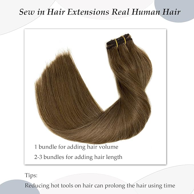 Sew In Real Human Hair Extensions, Hand Tied Weft, 18 Inch 100G Ash Brown Hair Bundles