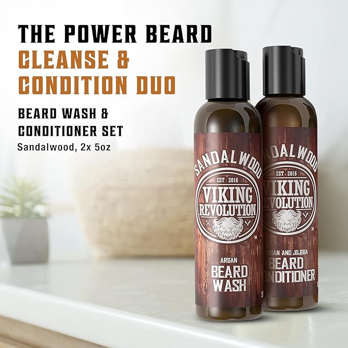 Viking Revolution Beard Wash & Beard Conditioner Set w/Argan & Jojoba Oils - Softens & Strengthens - Natural Beard Shampoo w/Beard Oil Sandalwood (5oz)