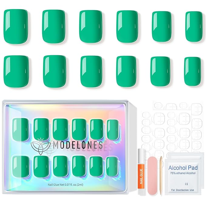 Modelones Green Press on Nails, Spring Easter Short Square Fake Nails, Summer Spring Reusable Nail Kit with Nail Glue Adhesive Tabs Mini Nail File, Nails Press Ons 32Pcs16 Sizes, Women Girl Gift