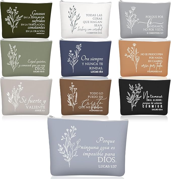 10Pcs Christian Gifts for Women Religious Cosmetic Bags Inspirational Bible Verse Pencil Pouch Canvas Makeup Bags Bulk with Zipper for Mother Sister Church Favors
