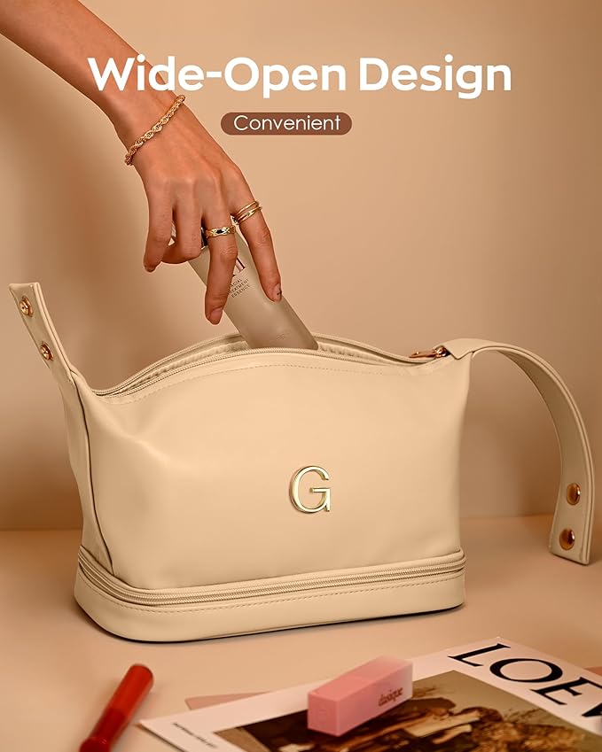 Gifts for Female, Personalized Makeup Bags with Handle, Waterproof Double Layer Cosmetic Bag, Large Capacity PU Leather Makeup Bags Letter Travel Toiletry Bag with Makeup Brush Organizer