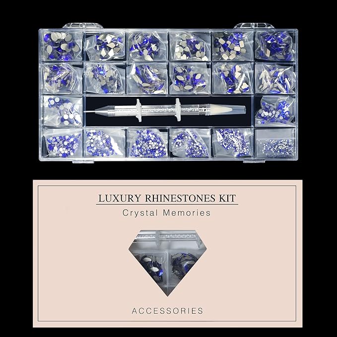12 Types of Blue 600 Diamonds + 2500 Flat Rhinestones Mix 20 Styles Flatback DIY Crafts Rhinestone Crystals 3D Decorations Flat Back Stones Set + Rhinestone Picker Wax Pen