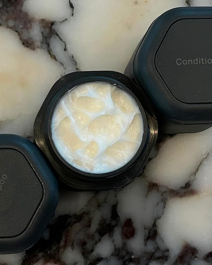 Cadence Travel Containers - Haircare Set - Magnetic Travel Capsules - For Shampoo, Conditioner, Hair Styling Product - 3 Flex Mediums (1.32oz) with Shampoo, Conditioner & Comb Icon Labels - Charcoal