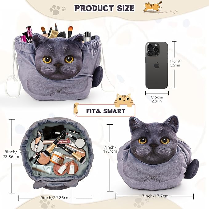 Openhaha Drawstring Makeup Organizer, Travel Cosmetic Pouch - Cat Gift for Women, Lay Flat Makeup Bag Gifts for Cat Lovers