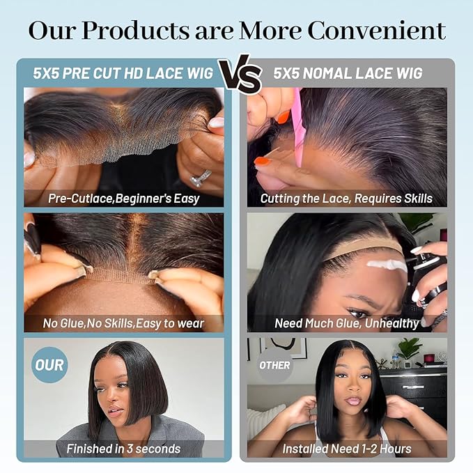 5x5 Hd Lace Closure Wigs Human Hair Glueless Wigs Human Hair Pre Plucked 180 Density 5x5 hd lace closure wigs human hair Wear and Go Glueless Wig 8 Inch