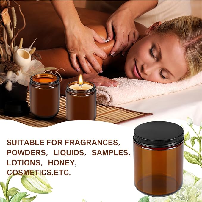6 Pack Amber Glass Jars, 8 Oz Thick Amber Round Glass Jars, with Black Metal Lids, for Spice, Liquid, Sample, Leakproof and Dishwasher Safe