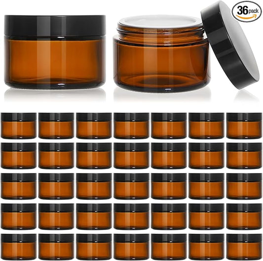 KEYWING 1oz Amber Glass Jars with Black Lids, 36 Pack Small Round Glass Cosmetic Jars with Inner Liners for Lotions, Cream, Powders and Ointments