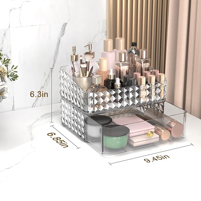 Makeup Organizer for Vanity, Stackable Cosmetics Organizer and Storage, Cosmetic Display Cases with 1 Drawers and 1 Tray for Makeup Brush, Hair Accessories, Lipstick and Jewelry, Clear