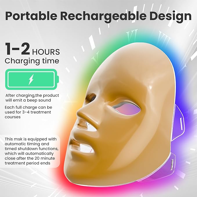 7-1 Colors LED Facial Skin Care Mask,Red Light Therapy Mask for Face, Cordless Led Face Mask Light Therapy,Salon or Home,Golden.