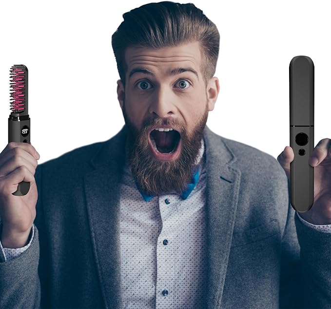 Beard Straightener for Men, Heated Beard Brush, Cordless Beard Hot Comb for Medium to Long Beards, with Travel Case, Rechargeable, 3 Temp Settings, Ionic Technology, Grooming Gift for Men(Black)