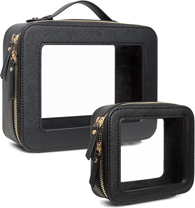 Clear Makeup Bags TSA Approved Toiletry Bag Handle Large Opening,Clear Toiletry Bags for Carry-on Traveling Travel Car Accessories Essentials Organziation Storage for Women Girls(Black, Mini&Large)