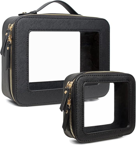 Clear Makeup Bags TSA Approved Toiletry Bag Handle Large Opening,Clear Toiletry Bags for Carry-on Traveling Travel Car Accessories Essentials Organziation Storage for Women Girls(Black, Mini&Large)