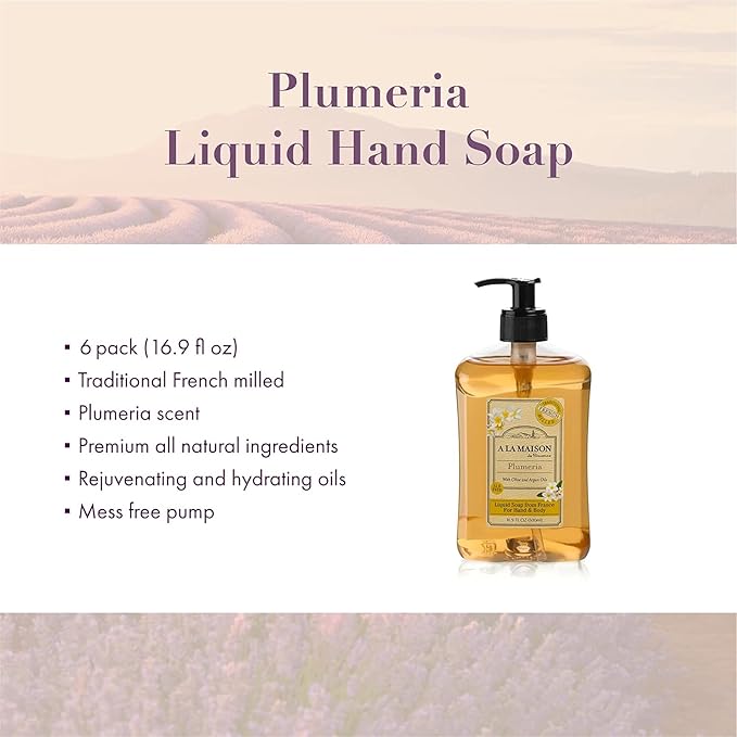 A LA MAISON French Liquid Hand Soap, Plumeria - Natural Hand Wash Made with Essential Oils - Biodegradable, Plant-Based, Vegan, Cruelty-Free, Alcohol & Paraben Free (16.9 oz, 6 Pack)