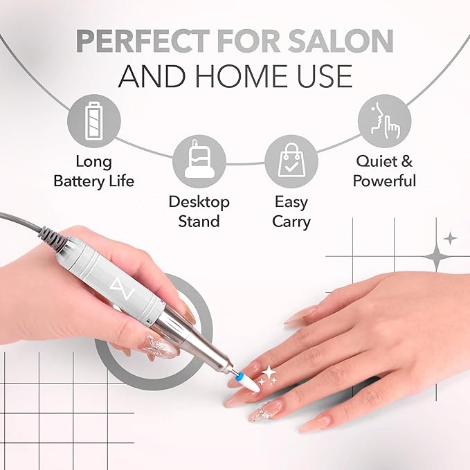 M Mase- Professional Nail Drill Machine - 2-in-1 Nail File - Cordless, 35000 RPM, HD Display - Gift for Her - Electric Nail Drill for Professional & Home Use (White)