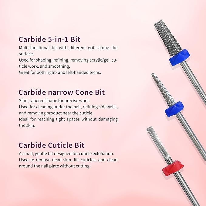 Delanie Professional Nail Drill Bit Set, 7 Pieces with Holder, Carbide and Diamond Bits, Model BS001