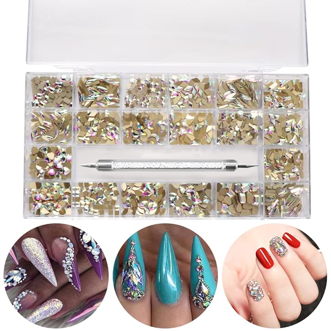 3100Pcs Nail Crystal Rhinestones Kit, Mix Shapes AB Glass, 3D Diamonds Flatback Crystals, with a Drill Pen, Nail Crystal Non Hotfix, Nail Art Decoration(Silver)
