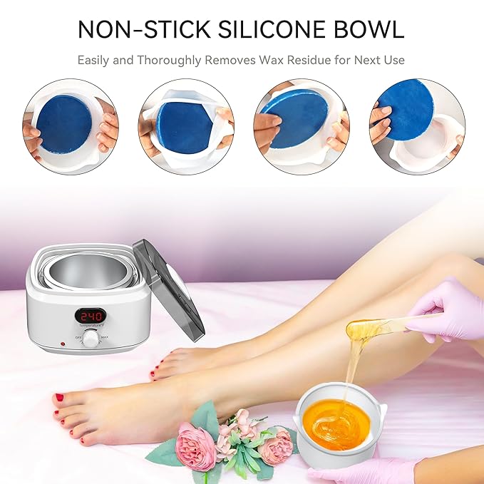 Waxing Kit for Women Men, Digital Wax Kit with Silicone Bowl & 4 Bags Hard Wax Beads, Portable Wax Warmer for Sensitive Skin Full Body Hair Removal, Brazilian Bikini, Eyebrow, Face (White)