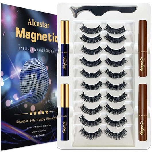 Alcastar Magnetic Eyelashes with Eyeliner Kit,Natural Magnetic Eyelash,Water, proof Reusable Long Lasting, Easy Apply (Fluffy-DH0603)