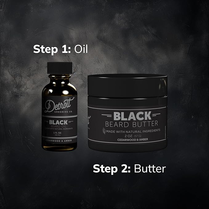 Detroit Grooming Co. Beard Oil & Beard Butter Bundle – Black (Cedarwood & Amber Scent) – Beard Hydration Set with Vitamin E & Sunflower Oil