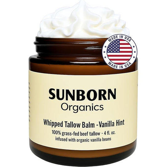 Pure Whipped Tallow Balm | 100% Organic Grass-Fed Beef Tallow Face Moisturizer & Lip Balm (4oz, Vanilla Hint)