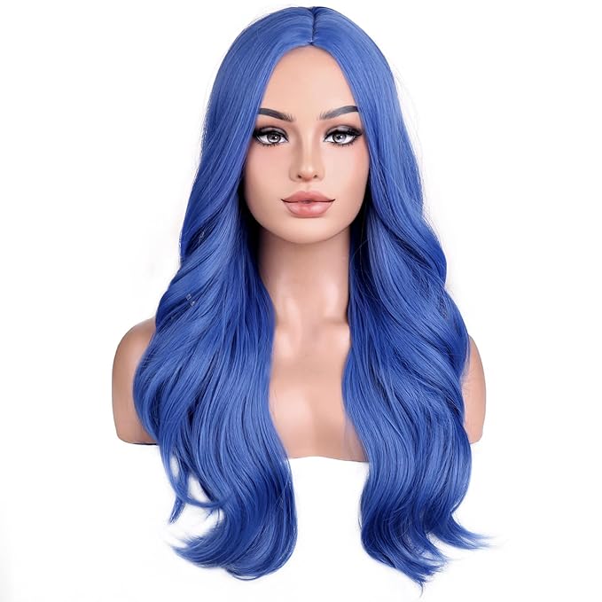 BERON Blue Wigs Long Wavy Wig for Women Natural Curly Dark Blue Heat Resistant Synthetic Hair Wigs for Cosplay Party Daily or Used