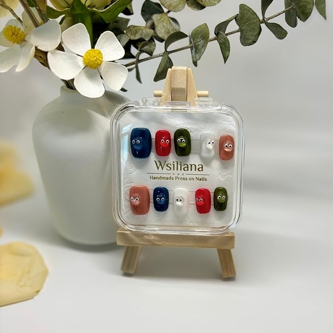 Wsliana Nails Handmade Press On Nails Square Shape,Short False Nail with Multicolor Design and Small Eye Decorations, 10pcs Glue On Acrylic Fake Nails with Storage Box | Cute and Stylish (024 M)