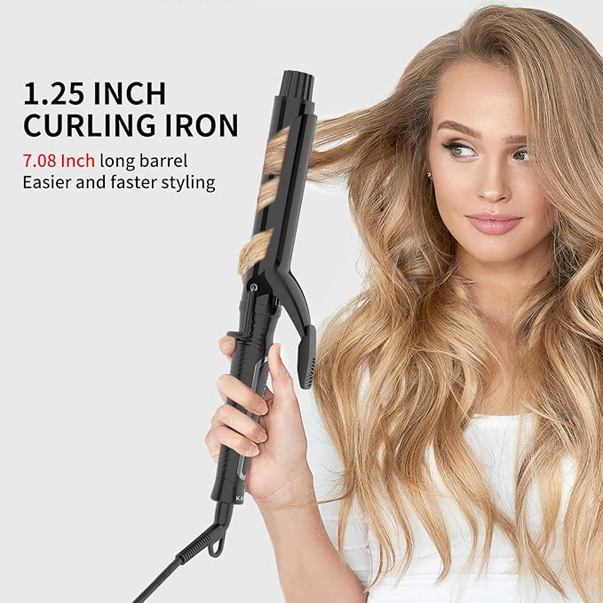 1 1/4 Inch Curling Iron with clamp Hair Curler Ceramic Coating 7INCH Long Barrel Adjustable Temp LED Display for Long Hair MCH Instant Heat up to 450°F Professional Curling Wand Dual Voltage