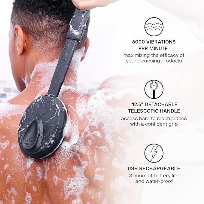 Black Wolf Body Wash & Sonic Scrubber Pro Kit for Men - Vibrating Face & Body Brush with Charcoal Powder Shower Gel, Water Resistant Massage Brush & Salicylic Acid Body Wash, Rich Lather & Deep Clean