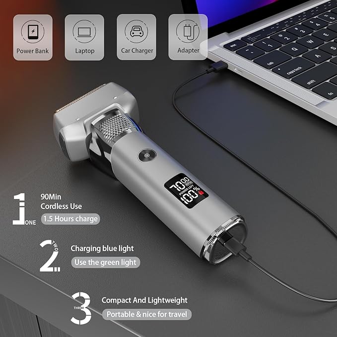 Electric Foil Shavers for Men Rechargeable Electric Razor Cordless Dry Wet Shavers Beard with Pop-Up Trimmer Travel Foil Shaver Face as Father Husband Boyfriend Gift 2408 Matte Silver