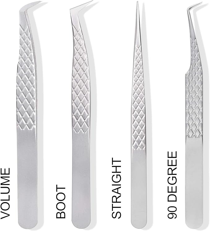 Fiber Tip Lash Tweezers For Eyelash Extension 4 Pcs Tweezers Professional Artist Tech Work Kit Tools,Best Volume Eyelash Lashes Extensions Precision Supplies Volume Boot 90 45 Degree(Silver)