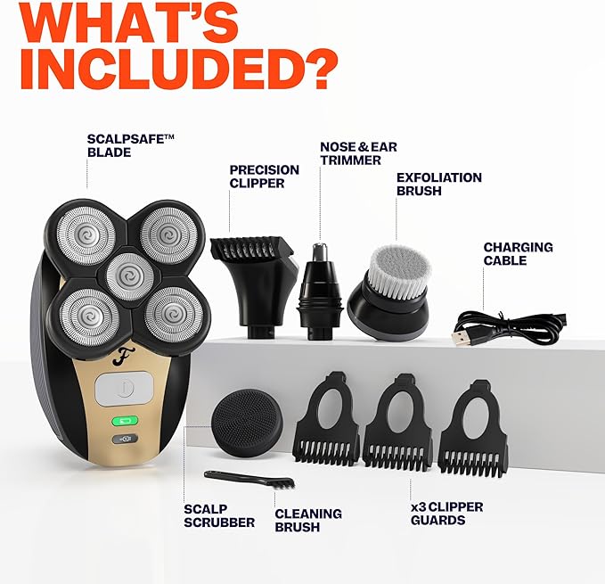 FlexSeries Electric Head & Body Hair Shaver - Mens Cordless Rechargeable Wet/Dry Skull Bald Head Back & Groin Waterproof Razor with Rotary Blades, Clippers, Nose Trimmer, Brush, Massager