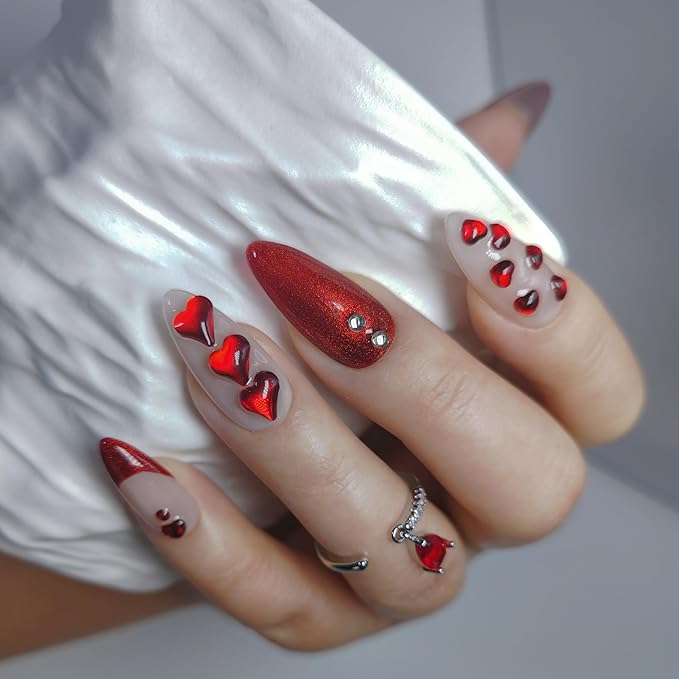 Almond Press on Nails Handmade Medium Long/Stiletto 3D Flower Fake Nail with Designs, Women Reusable False Nails (Glitter Red, M)