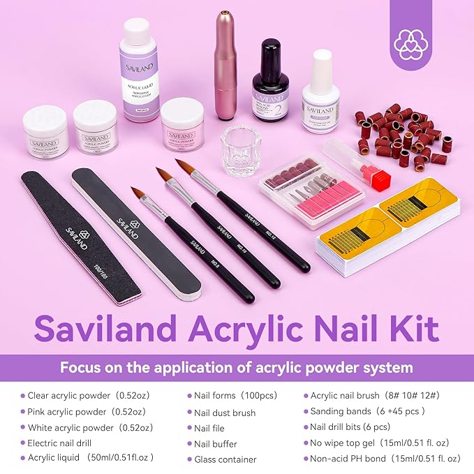 SAVILAND Acrylic Nail Kit with Drill: 15g Clear/White/Pink Acrylic Powder and Liquid Set with Drill Acrylic Brush Nail Forms Dappen Dish, Easy to Use Acrylic Nail Supplies for Beginners