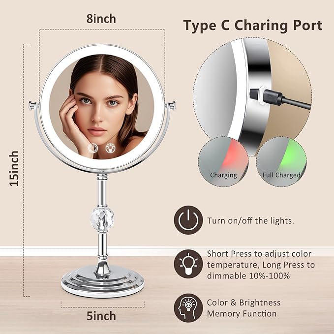 Lighted Makeup Mirror, Brightness Adjustable, 4000 mAh Rechargeable Double Sided Magnifying Mirror 1x/10x with 3 Colors, 360° Rotation Vanity Mirror, Memory Function, Women Gift