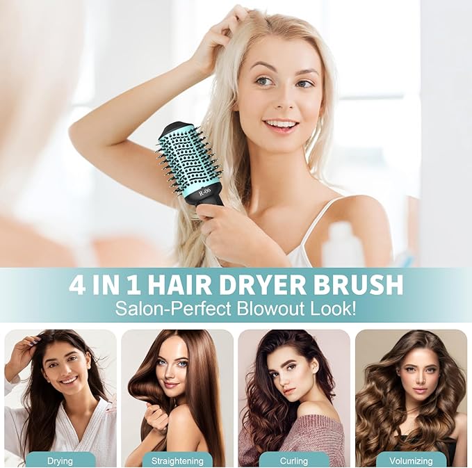 Hair Dryer Brush Blow Dryer Brush in One, 4 in 1 Hair Dryer and Styler Volumizer with Oval Barrel, Professional Salon Hot Air Brush for All Hair Types, Teal
