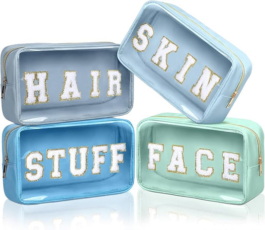 Pinkunn 4 Pcs Preppy Makeup Bags Christmas Chenille Letter Bag Face Skin Hair Stuff Cosmetic Bag Corduroy Makeup Pouch with Zipper Birthday Gifts for Women (Blue Series Colors)